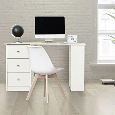 Abbildung von ML Design Schreibtisch mit 3 Schubladen und Aufbewahrungsregale, Stauraum, Weiß, 120x49x72 cm, Computertisch Bürotisch Arbeitstisch Laptoptisch Ablage Regal PC Tisch, geeignet für Homeoffice, Büro