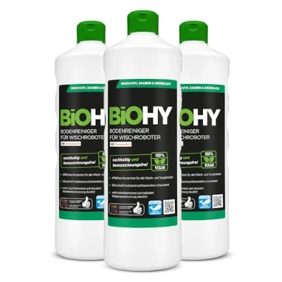 Abbildung von BiOHY Bodenreiniger für alle Wischroboter mit Orangenduft (3 x 1 Liter) Schaumarm &amp; Streifenfrei Reinigungsmittel Konzentrat Böden