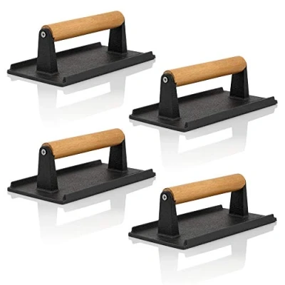 Abbildung von BBQ Toro 4er Set Gusseisen Fleischbeschwerer 1 kg 21 x 11 cm Burger Grillgewicht mit Holzgriff, Burgerpresse
