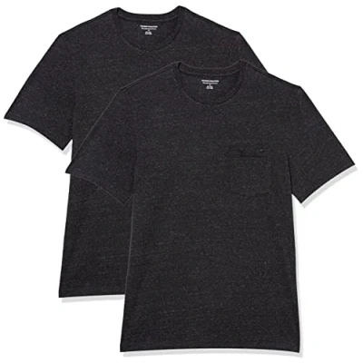 Abbildung von Amazon Essentials Herren T Shirt mit kurzen Ärmeln, Rundhalsausschnitt und Tasche in schmaler Passform, 2er Pack, Dunkelgrau Meliert, XS