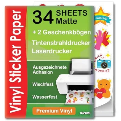 Abbildung von Hochwertiges bedruckbares Vinyl Aufkleberpapier 34 Blatt A4 matt Wasserfest für Laser und Tintenstrahldrucker geeignetes kompatibel mit Cricut