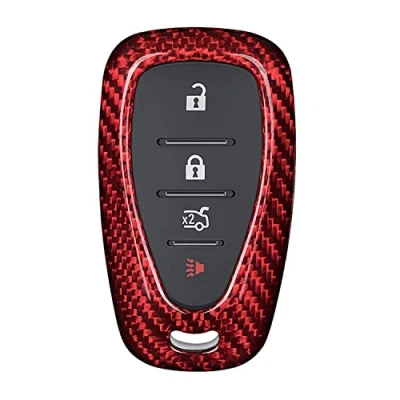 Abbildung von M.JVisun Echte Kohlefaser Abdeckung Fall Für Chevrolet Blazer Bolt EV Camaro Cruze Equinox Malibu Sonic Spark Traverse Trax Volt Auto Schlüssel Schlüsselanhänger Rot