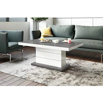 Abbildung von HU Design Couchtisch Tisch Matera Lux H 333 Hochglanz höhenverstellbar ausziehbar Wohnzimmertisch Esstisch (Grau/Weiß Hochglanz)