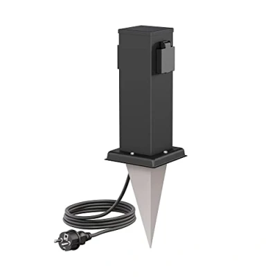 Abbildung von ledscom.de Garten Steckdosen Säule Polly mit Erdspieß und 2m Kabel für außen, IP44, 2 Fach, Edelstahl, eckig, schwarz, 27cm