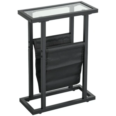 Abbildung von HOMCOM Beistelltisch mit Stofftasche, Metallrahmen, Glasplatte (Couchtisch, 1 St., Nachttisch), für Wohnzimmer, Schlafzimmer, Schwarz, 40 x 18 55,5 cm