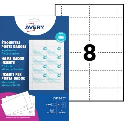 Abbildung von Avery L7418 Namensschilder (Nachfüllset, 8 pro Blatt, B 86,5 x H 55,5 mm, für Laserdrucker geeignet) 25 Blätter