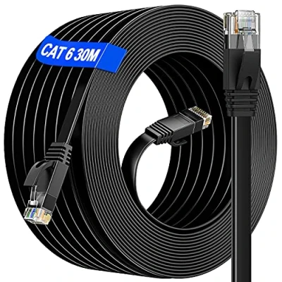 Abbildung von LAN kabel 30m Cat 6 Outdoor Indoor, Netzwerkkabel Flach Ethernet Hochgeschwindigkeits, 10/100/1000 Mbit/s Gigabit Patchkabel, RJ45 Wlan Wasserdicht für Router PC(30 Clips)