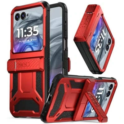 Abbildung von POETIC Spartan Case für Motorola Moto Razr 50, [Ständer] [Scharnierschutz] [20 Fuß Falltest nach Militärstandard], robuste, stoßfeste Ganzkörper Schutzhülle mit Ständer, Metallic Rot