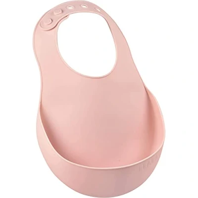 Abbildung von BÉABA Babylätzchen aus Silikon Wasserdicht Mehrfach verstellbare Halsweite Flexibel und Leicht Ultraweich Einfach zu reinigen Große Auffangschale Rosa