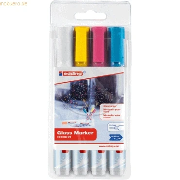 Abbildung von edding 95 Glasmarker bunte Farben hell 4 Stifte Rundspitze 1,5 3 mm zum Schreiben und Markieren auf Glasoberflächen wie Fenster, Glasboards, Whiteboards trocken abwischbar