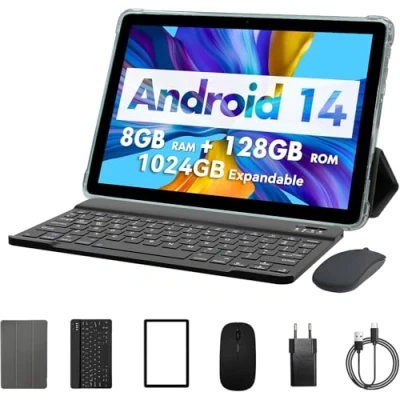 Abbildung von PRITOM 10 Inch Android 13,3 in 1Tablet, 8GB (4+4), 128GB, Expandable 1TB, 8000mAh, WiFi Tablet, Qcta Core Processor, 6, Bluetooth, Gaming Tablet PC with Bag, Keyboard, Mouses, Teal