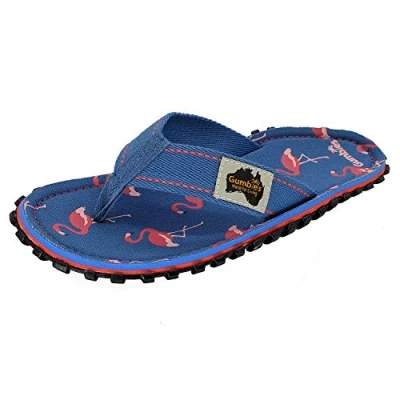Abbildung von Gumbies Originals Blau Flip Flops aus recycelten Materialien robuste Sohle wiederverwerteten Autoreifen, weiches Fußbett Canvas Baumwolle, bequemer Baumwoll Zehensteg Flamingo, 41