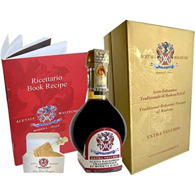 Abbildung von Traditioneller Balsamico essig aus Modena g.U (Malpighi) 25 Jahre gelagert 100 ml + Tic Glas Rezeptbuch