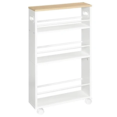 Abbildung von HOOBRO Schmaler Servierwagen, 45 x 15 80 cm, Küchenwagen mit 4 Ebenen, Küchenregal 360 Drehbare Räder und Geländern, Leicht zu Montieren, Stabil, Industriell, Weiß Naturholz EWN15TC01