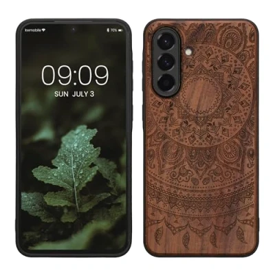 Abbildung von kwmobile Hülle kompatibel mit Samsung Galaxy A56 5G Holz Case Handy Cover TPU Handyhülle in Dunkelbraun Indische Sonne
