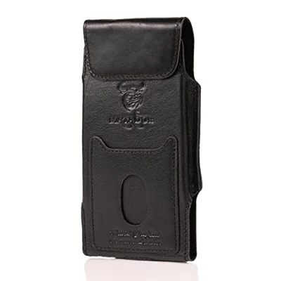 Abbildung von MATADOR Leder Gürteltasche kompatibel für Apple iPhone 15 Pro/ 15/14 14/13 13/12 12/11/ XR mit Gürtelclip/Schlaufe Magnetverschluss Ledertasche Rindsleder(Schwarz)