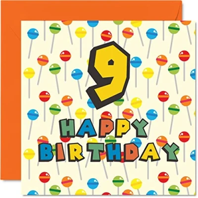Abbildung von Geburtstagskarte zum 9. Geburtstag, Unisex, Motiv: Lollipop Sweets Candy Happy Birthday Karte für Sohn, Tochter, Bruder, Schwester, 145 mmx145 mm, Grußkarte Geburtstag