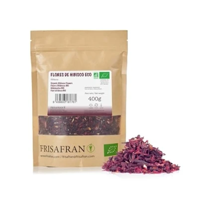 Abbildung von FRISAFRAN Hibiskusblüten getrocknet BIO 400g Hibiskusblütentee Hibiskustee rein und natürlich für Tee Jamaikanisches Wasser Kräutertee Hibiskus Karkade Früchtetee Jamaika Blume