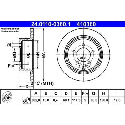 Abbildung von ATE 24.0110 0360.1 Bremsscheibe 302,0 10,0 5 114,3 voll beschichtet MITSUBISHI: Outlander 2 SUV, ASX II, CITROËN: C Crosser SUV