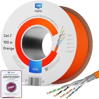 Abbildung von HB DIGITAL 100m CAT.7 Netzwerkkabel LAN Kabel Verlegekabel AWG 23 Reines Kupfer S/FTP PiMF LSZH Halogenfrei RoHS Compliant Ethernet Installationskabel Datenkabel PoE 10Gbit/s GHMT Zertifiziert Orange