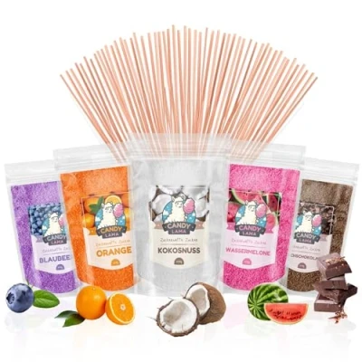 Abbildung von CANDY LAMA Zuckerwatte Set, Partyset 5 x 250g: Blaubeere, Orange, Kokosnuss, Wassermelone, Milchschokolade, inkl. 50 Zuckerwattestäbe, 100% vegan, für Zuckerwattemaschine