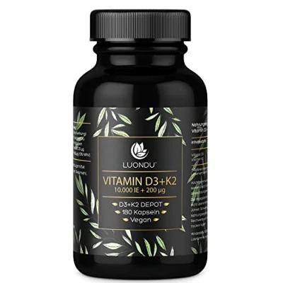 Abbildung von Luondu Vitamin D3 10.000 I.E + K2 MK7 200 mcg Depot (Hochdosiert &amp; Vegan) Kapseln hochdosiert (180 Kapseln)