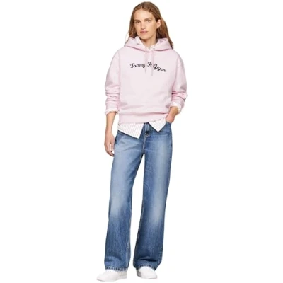 Abbildung von Tommy Hilfiger Script LOGO Embroidery Hoody Kapuzenpullover, Damen, Größe: XXS, Delicate pink
