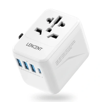 Abbildung von LENCENT Universal Reiseadapter Weltweit Internationaler Adapter mit 3 USB &amp; Typ C PD Ladeanschlüssen für EU Europäisch US UK AUS A/C/G/I Steckdosen, über 200 Länder, Weiß
