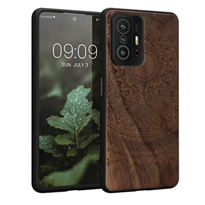 Abbildung von kwmobile Hülle kompatibel mit Xiaomi 11T / Pro Holz Case Handy Cover TPU Handyhülle in Dunkelbraun Indische Sonne