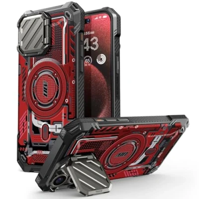 Abbildung von SUPCASE RedCircuit Schutzhülle für iPhone 15 Pro Max mit Ständer, kompatibel MagSafe, integrierte Kamera Abdeckung, militärischer Schutz, robuste magnetische Handyhülle Max, Rot