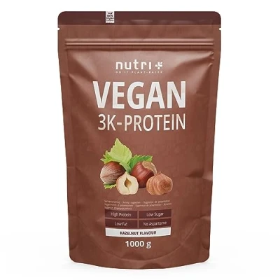 Abbildung von Nutri + Proteinpulver Vegan Haselnuss 1 kg 83% Eiweiß 3k Protein Powder Hazelnut Flavor Veganes Eiweißpulver Nuss ohne Gluten, Zucker Whey