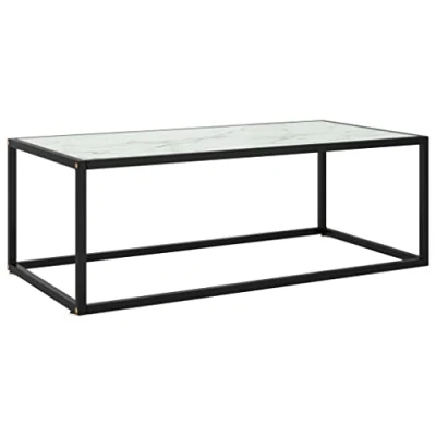 Abbildung von vidaXL Beistelltisch Couchtisch Kaffeetisch Wohnzimmertisch Sofatisch Teetisch Glastisch Tisch Schwarz mit Weißer Marmor Optik Glas 100x50x35cm