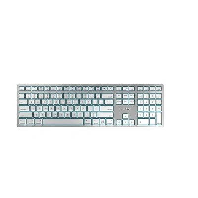 Abbildung von CHERRY KW 9100 SLIM FOR MAC, kabellose Mac Tastatur, US Layout (QWERTY), Bluetooth oder 2,4 GHz Funk, Flache Tasten, Wiederaufladbar, Weiß Silber