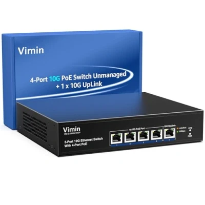 Abbildung von 5 Port 10G PoE Switch Unmanaged with 1 Uplink Port, VIMIN 4 10Gbe Support 100M/1000M/2.5G/5G/10G Speed Auto Negotiation, for NAS Network, IEEE802.3af/at, 100Gbps Capacity