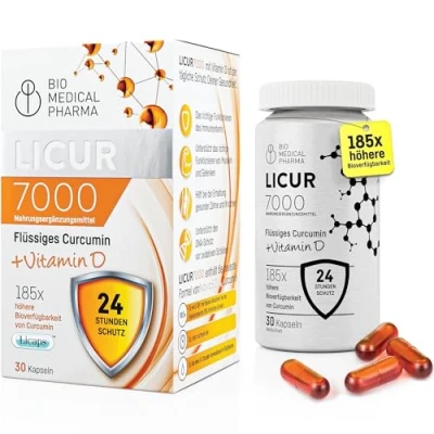 Abbildung von Kurkuma Kapseln mit Vitamin D3 185x Höhere Bioverfügbarkeit Hochdosiertes Mizellen Curcumin 1 Kapsel Täglich Entspricht 6.600 mg Pulver Licur 7000 D (Monatspack)