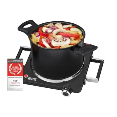 Abbildung von TZS FIRST AUSTRIA Einzelkochplatte Infrarot Kochplatte, mit Griffen, 1500W, Keramik, Temperaturregelung, Kochfeld Schwarz, Herdplatte für Camping