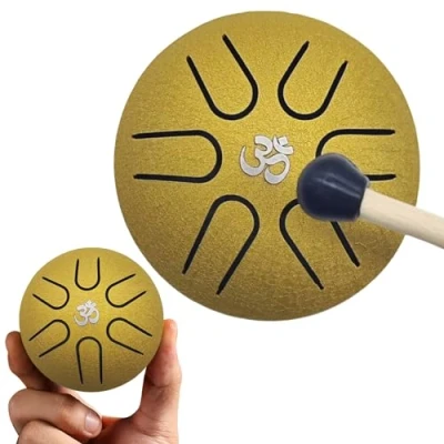 Abbildung von YEJAHY Tongue Drum Steel 3 Zoll Stahlzungen 6 Töne Zungentrommel, Mini Pan Handpan Instrument Schlagzeug mit Schlägeln Meditation Yoga Klangheilung(Gold)