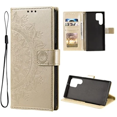 Abbildung von CoverKingz Handy Case kompatibel mit Samsung Galaxy S22 Ultra Cover Kartenfach Phonecase Smartphone Hülle klappbar Motiv Mandala Gold