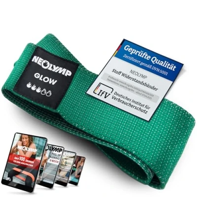 Abbildung von NEOLYMP Kurze Fitnessbänder Stoff mit Fitness Traningsprogramm E Book waschbare Resistance Bands, Widerstandsbänder, Gymnastikband, Fitnessband, Trainingsbänder, Klimmzugbänder (grün)