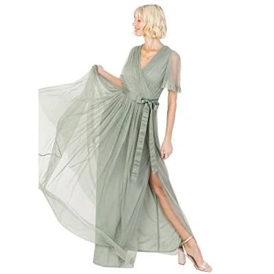 Abbildung von Anaya with Love Damen Ladies Maxi Dress Women V Neckline Short Sleeve Frilly Long Empire Waist for Wedding Guest Bridesmaid Maid of Honour Kleid, Frosted Green, 58