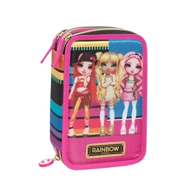 Abbildung von Franco Cosimo Panini Rainbow High Federmäppchen für die Schule, offizielles High, mit 3 Fächern Mädchen Schreibwarenset, löschbarer Stift in Blau Frixion und praktischem