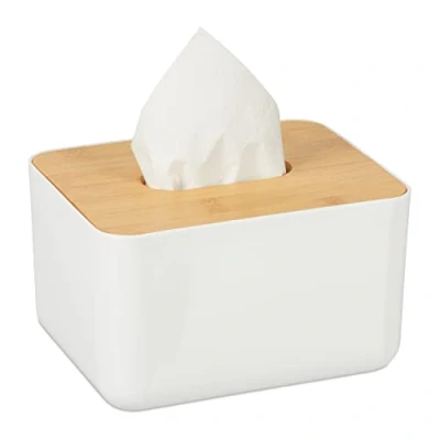 Abbildung von Relaxdays Tücherbox mit Deckel aus Bambus, fürs Bad, modernes Design, Kunststoff, H x B T: 10 17 13 cm, weiß/natur
