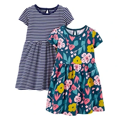 Abbildung von Simple Joys by Carter&#039;s Baby Mädchen Short Sleeve and Sleeveless Dress Sets, Pack of 2 Freizeitkleid, Marineblau Blumenaufdruck/Weiß Streifen, Jahre (2er Pack)