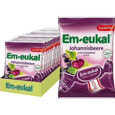 Abbildung von Em eukal Hustenbonbon Johannisbeere, Zuckerfrei &amp; laktosefrei, Lutschbonbons mit Vitamin C, Ohne Zucker 20x75g