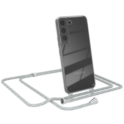 Abbildung von EAZY CASE Handy Chain kompatibel mit Samsung Galaxy S22 5G, Handykette Tasche transparent, Stoßfeste Soft Silikon TPU, Stylische Kette Hülle, Grau/Weiß Verschlüssen in Silber