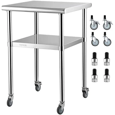 Abbildung von VEVOR Kommerzieller Edelstahltisch 61 x 91,4 cm, Rollbarer Zweilagiger Arbeitstisch Zerlegetisch Gastro 181,4 kg + 91 Tragfähigkeit, Gewerbe Küchentisch, Zubereitungstisch Küchenmöbel