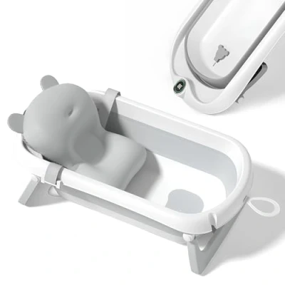 Abbildung von Faltbare Babybadewanne mit rutschfestem Badekissen/Badewanne XXL Thermometer zur Kontrolle der Wassertemperatur / 3 Stufen Badewanne Ab Geburt bis 2 Jahre 5 Plastikbälle gratis (GREY)