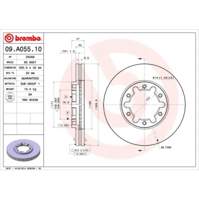 Abbildung von BREMBO 09.A055.10 Bremsscheibe 306 32 6 innenbelüftet NISSAN: Patrol GR 5 SUV