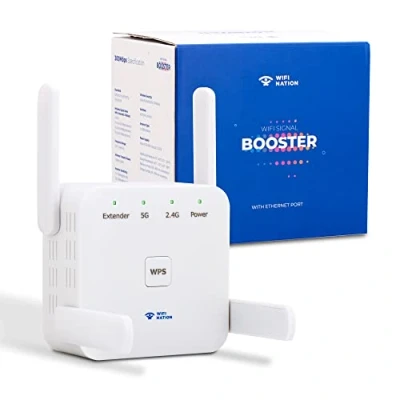 Abbildung von WiFi Nation® Booster Reichweitenverlängerung, 1200 Mbit/s, 2,4 GHz und 5 GHz, Dual WLAN Signal Internet mit RJ45 Ethernet Port unterstützt AP/Router/Repeater Modus
