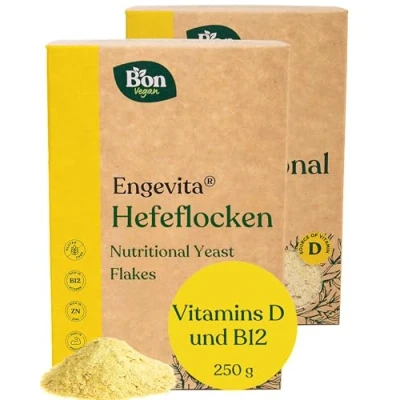 Abbildung von Engevita Hefeflocken von Bon Vegan Nutritional Yeast Flakes veganer Käseersatz Nährhefe mit veganem Vitamin D, B12, des B Komplexes und Zink Gentechnikfrei 250 gr
